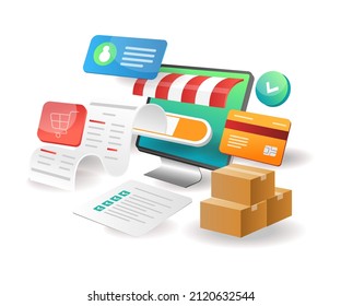 Concepto isométrico de ilustración. Nota de compra en tienda de comercio electrónico
