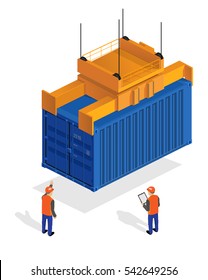 Illustration Isometric Container Is Raised On A Cargo Crane. Workers Raise The Load.