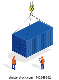 Illustration Isometric Container Is Raised On A Cargo Crane. Workers Raise The Load.