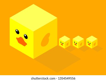 illustration of isometric cubes with flat design cute duck face, mom and three little cube ducks on orange background