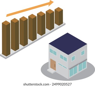 Illustration of an isometric detached house and a declining bar graph