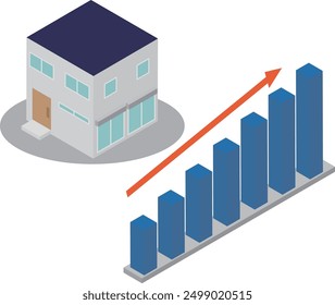 Illustration of an isometric detached house and an upward trend bar graph