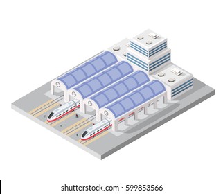 Illustration isometric high-speed train on the tracks in the city block near the station building