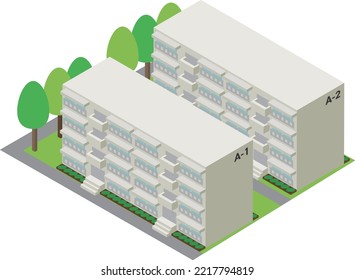 Illustration of an isometric housing complex (2 buildings)
