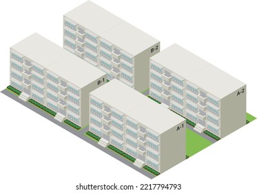 Illustration of an isometric housing complex (4 buildings) - Shutterstock ID 2217794793