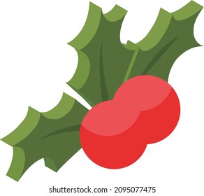 Illustration of an isometric icon with red fruits on the leaves of a green holly tree