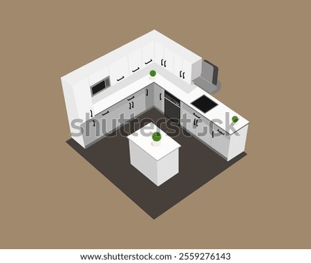 Illustration of isometric image of a minimalist kitchen set features a combination of white and gray cabinets, with a small island that doubles as a dining table, microwave and a small dishwasher
