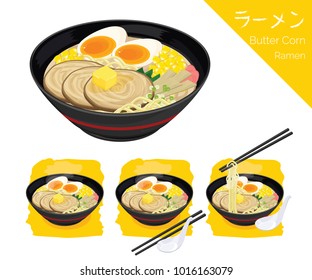 illustration Isometric Info graphic vector of Japanese food, ramen, Japanese noodle. Butter corn ramen.