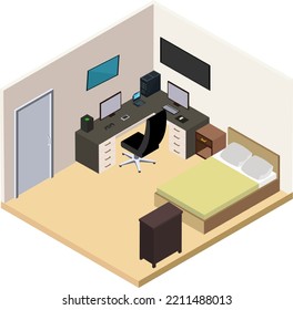 Illustration of isometric interior of a bedroom, indoor concept.