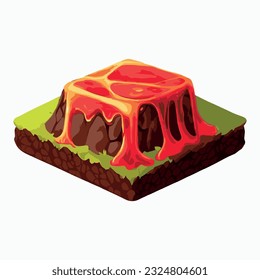 Ilustración de un paisaje isométrico con árboles y montañas de lava en el fondo