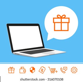 Illustration of isometric laptop template with bubble on blue background. Additional collection of commercial icons gift, payment by card, shopping cart and sale. Line thickness is fully editable