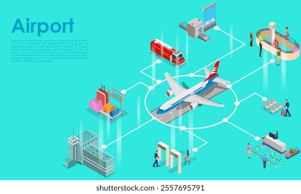 illustration of Isometric layout of Airport lounge, luggage, arrival, departure for aviation transportation background