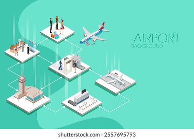 illustration of Isometric layout of Airport lounge, luggage, arrival, departure for aviation transportation background