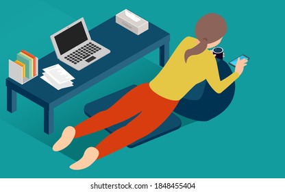 Illustration isometric to lie down and take a break during telework