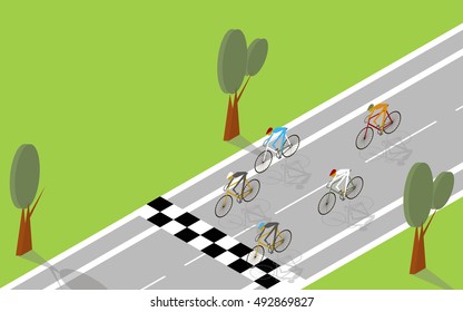 Illustration of isometric man in bicycle at the finish of the race.