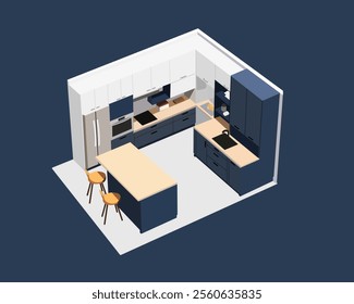 Illustration of isometric A modern kitchen featuring navy blue and white cabinetry, a wooden countertop island, and stainless steel appliances in a sleek design