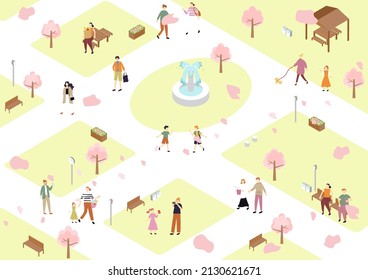 illustration of isometric park landscape cherry blossom trees and everyday people