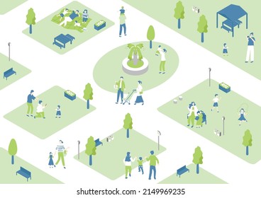 illustration of isometric park landscape and everyday people