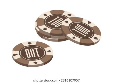 Illustration of isometric poker chips stack. Number 100. Isolated vector on white background.