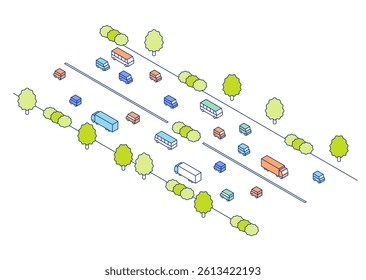 Illustration of an isometric road. A major roadway with cars, trucks, and buses.
