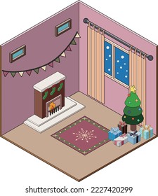 Illustration of an isometric room with Christmas decorations. Iconic vector material with changeable colors. Winter motif with main lines.