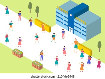 Illustration Of Isometric School Building And Students