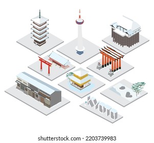 Es una ilustración de un conjunto isométrico de un famoso lugar turístico en Kioto donde se acumula nieve.