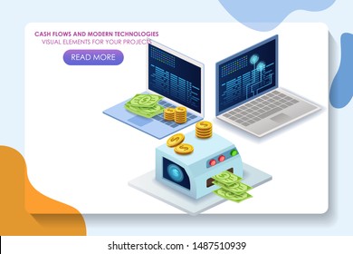 Illustration in isometric style. Printing and money exchange. Currency and financial transactions.