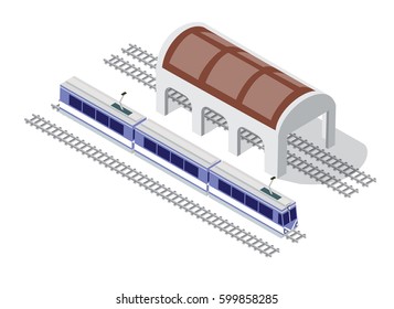 Illustration isometric  train metro on the tracks in the city block near the hangar warehouse building