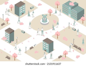 illustration of isometric university campus and young people
cherry blossom trees