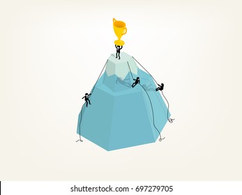 illustration isometric vector of business man climbed to the top of the mountain for success, business man carrying trophy on the top of the mountain