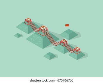 illustration isometric vector design concept of the great wall of china, the great wall of china the new seven wonders of the world, china famous landmark great wall