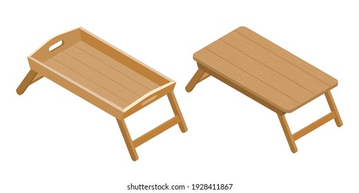 Illustration isometric vector isolated on white background of table, desk or tray for working or breakfast on bed or sofa at home or hotel on cozy furniture concept 