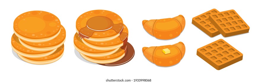 illustration isometric vector of stack of pancake, French croissant, homemade waffle isolated on white background.