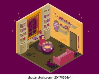 An illustration with an isometry, where a witch in a room with a simple interior prepares a potion over a glowing cauldron