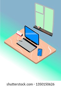 Illustration in isometry. Work space and view outside the window.