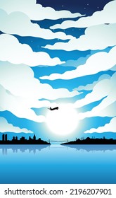 Illustration of Istanbul Silhouette Under a Blue Cloudy Sky with Bright Moon