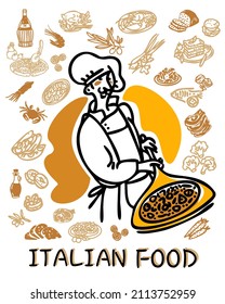 Illustration of Italian chef with freshly baked pizza. Traditional Italian dishes. Set of Italian cuisine line icons. Italian food. Can be used for topics like a restaurant menu, pizzeria, cooking.