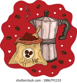 Illustration of italian coffee maker and coffee bag open

