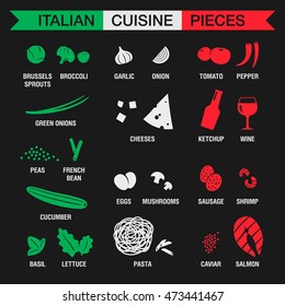 Illustration of Italian cuisine pieces. Foods and ingredients separated by the national flag colors. Black background.