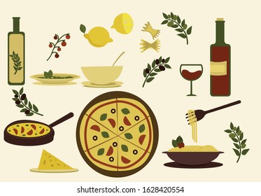 illustration of italian food with the image of pizza, pasta, wine, olives, cheese, lemon