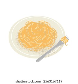 Illustration of Italian pasta on a plate with a fork. Perfect for food designs, menus, or culinary projects. Hand-drawn vector illustration with a white isolated background.