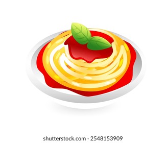 Illustration of italian pasta with tomato sauce and basil leaves, realistic in 3d style.