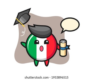 Illustration of italy flag badge cartoon throwing the hat at graduation, cute style design for t shirt, sticker, logo element