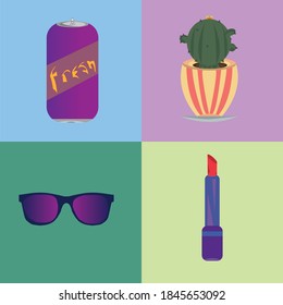 Illustration of items on different backgrounds. Art is made in pop art style