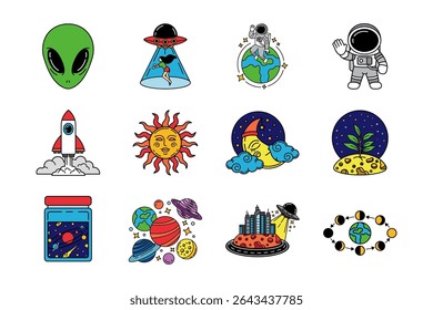 illustration items of spaceship alien in the galaxy set