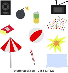 una ilustración con elementos de descanso: TV y cajas de música, aperitivo y bebida, fuegos artificiales (también mientras se quema y en forma redonda), paraguas y pelota para playa y confeti