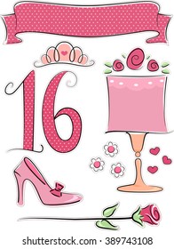 Illustration of Items Usually Associated with Sweet Sixteen Parties