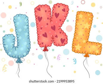 Illustration Of J K L Letters Mylar Balloons Floating With Confetti