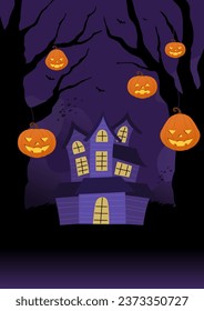 Illustration of jack o'lanterns hanging on a black tree and a purple scary house.